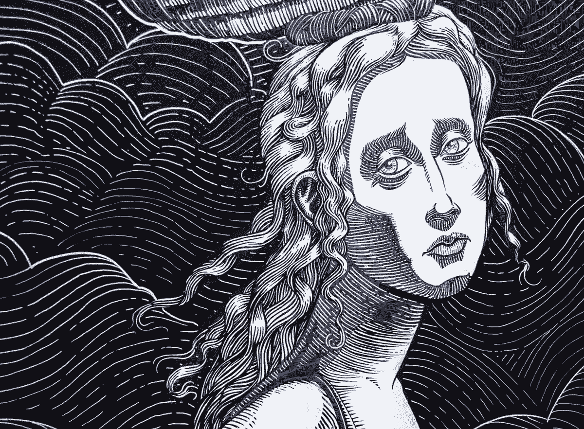 Black and white woodblock print of a sad looking woman