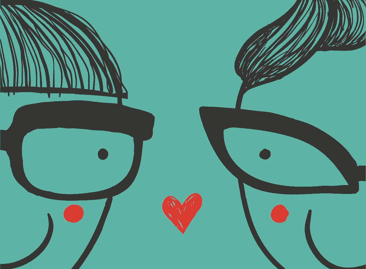 Cartoon couple smiling at each other with a heart inbetween them